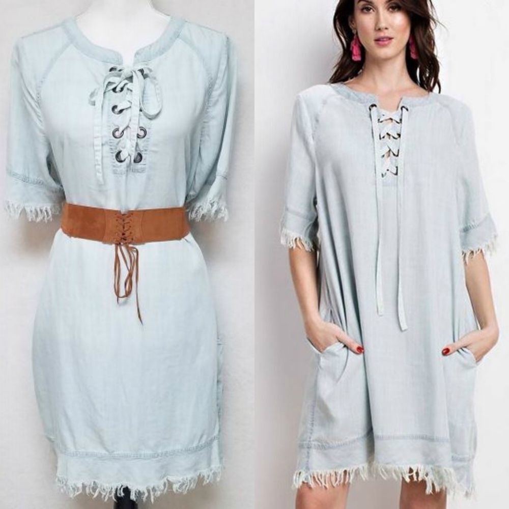 EASEL Washed Denim Raw Cut Belted Denim Dress